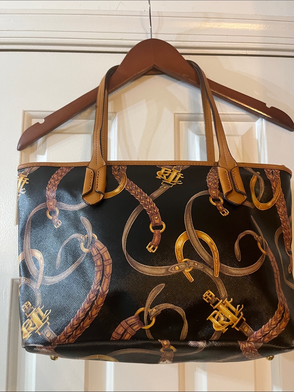 Lauren Ralph Lauren Belting-Print Caldwell Equestrian Devyn Tote Bag Purse Black